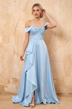 Lola Sky Blue Satin Off the Shoulder A-line Maxi Dress