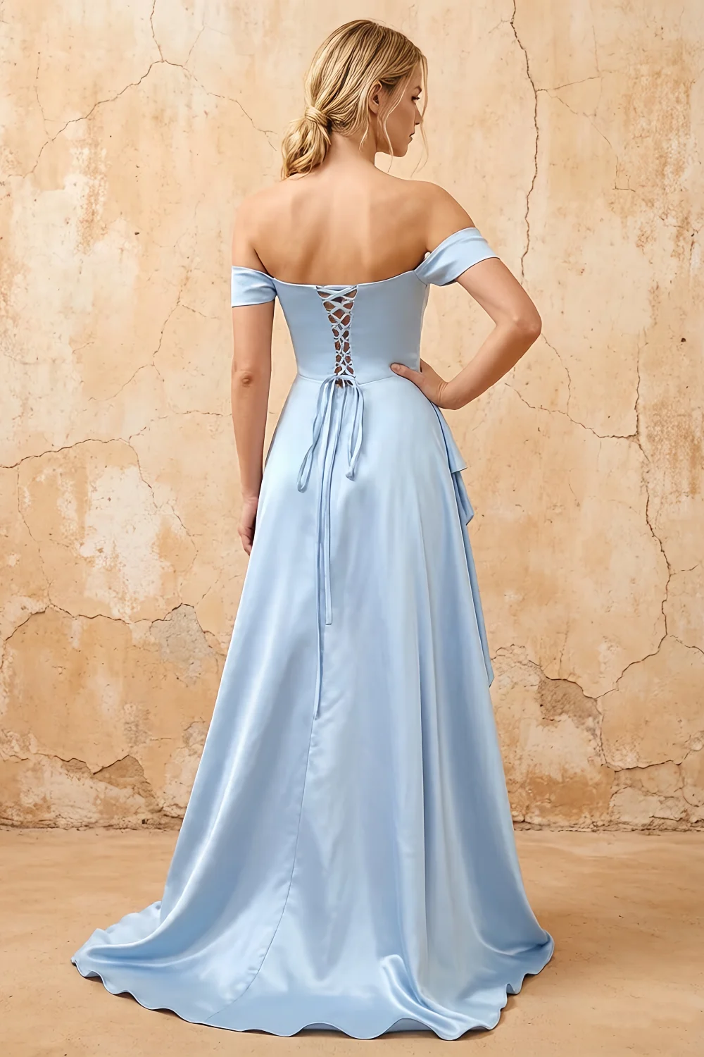 Lola Sky Blue Satin Off the Shoulder A-line Maxi Dress Secondary image