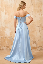 Lola Sky Blue Satin Off the Shoulder A-line Maxi Dress