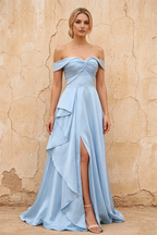 Lola Sky Blue Satin Off the Shoulder A-line Maxi Dress