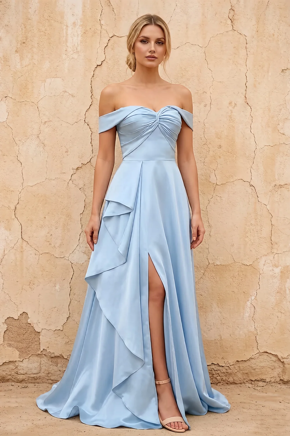 Lola Sky Blue Satin Off the Shoulder A-line Maxi Dress