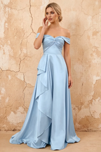 Lola Sky Blue Satin Off the Shoulder A-line Maxi Dress