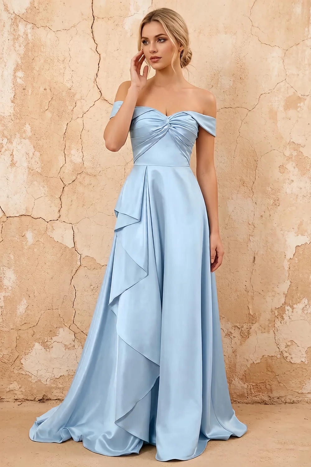 Lola Sky Blue Satin Off the Shoulder A-line Maxi Dress