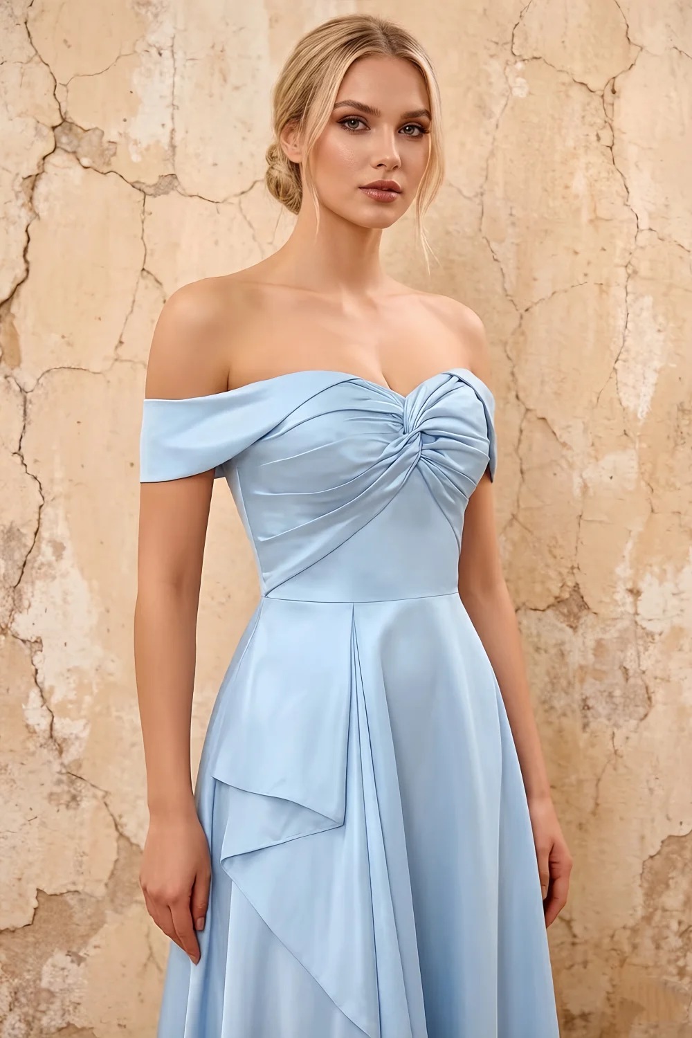 Lola Sky Blue Satin Off the Shoulder A-line Maxi Dress