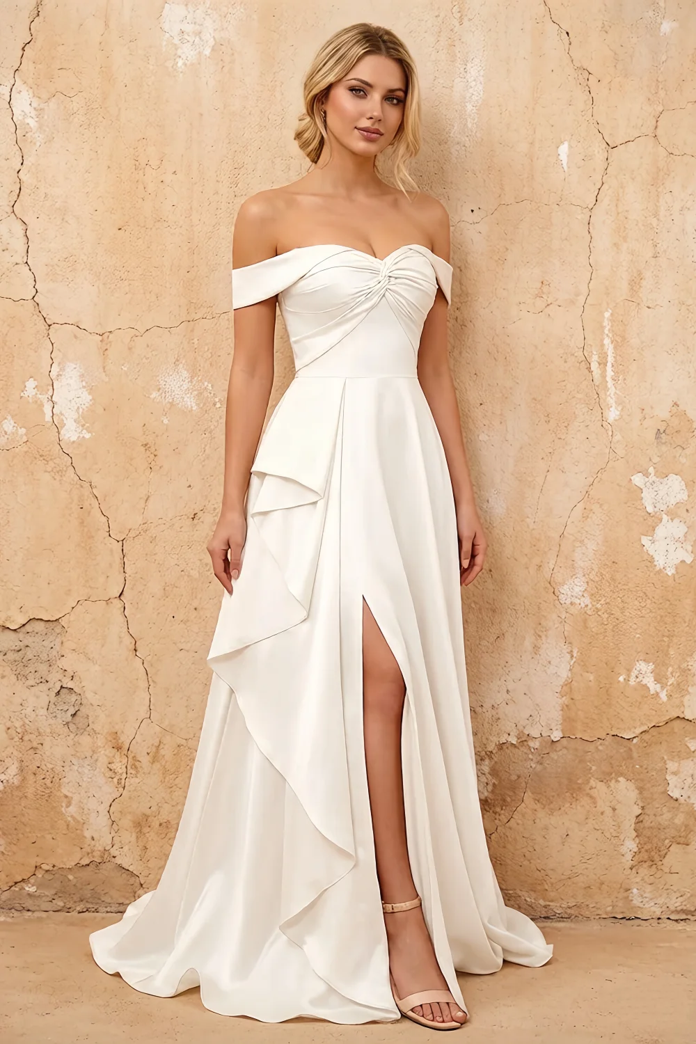 Lola White Satin Off the Shoulder A-line Maxi Dress Main image