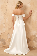 Lola White Satin Off the Shoulder A-line Maxi Dress