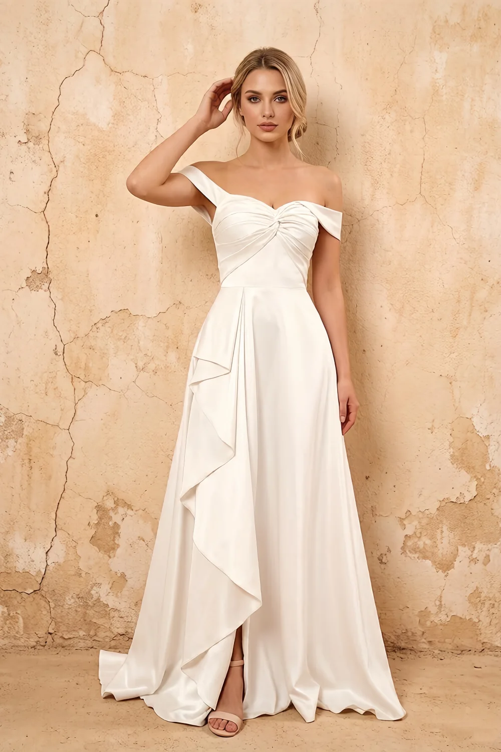 Lola White Satin Off the Shoulder A-line Maxi Dress