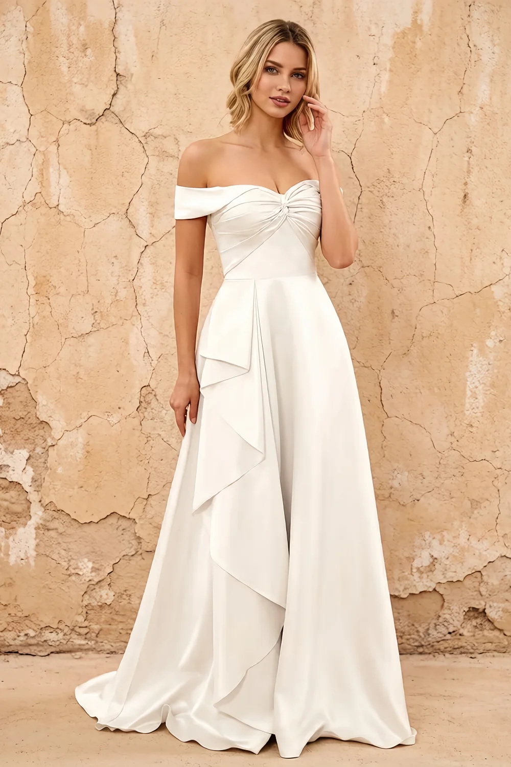 Lola White Satin Off the Shoulder A-line Maxi Dress