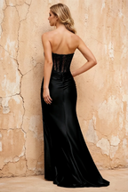 Lorna Black Satin Asymmetrical Rhinestone Maxi Dress