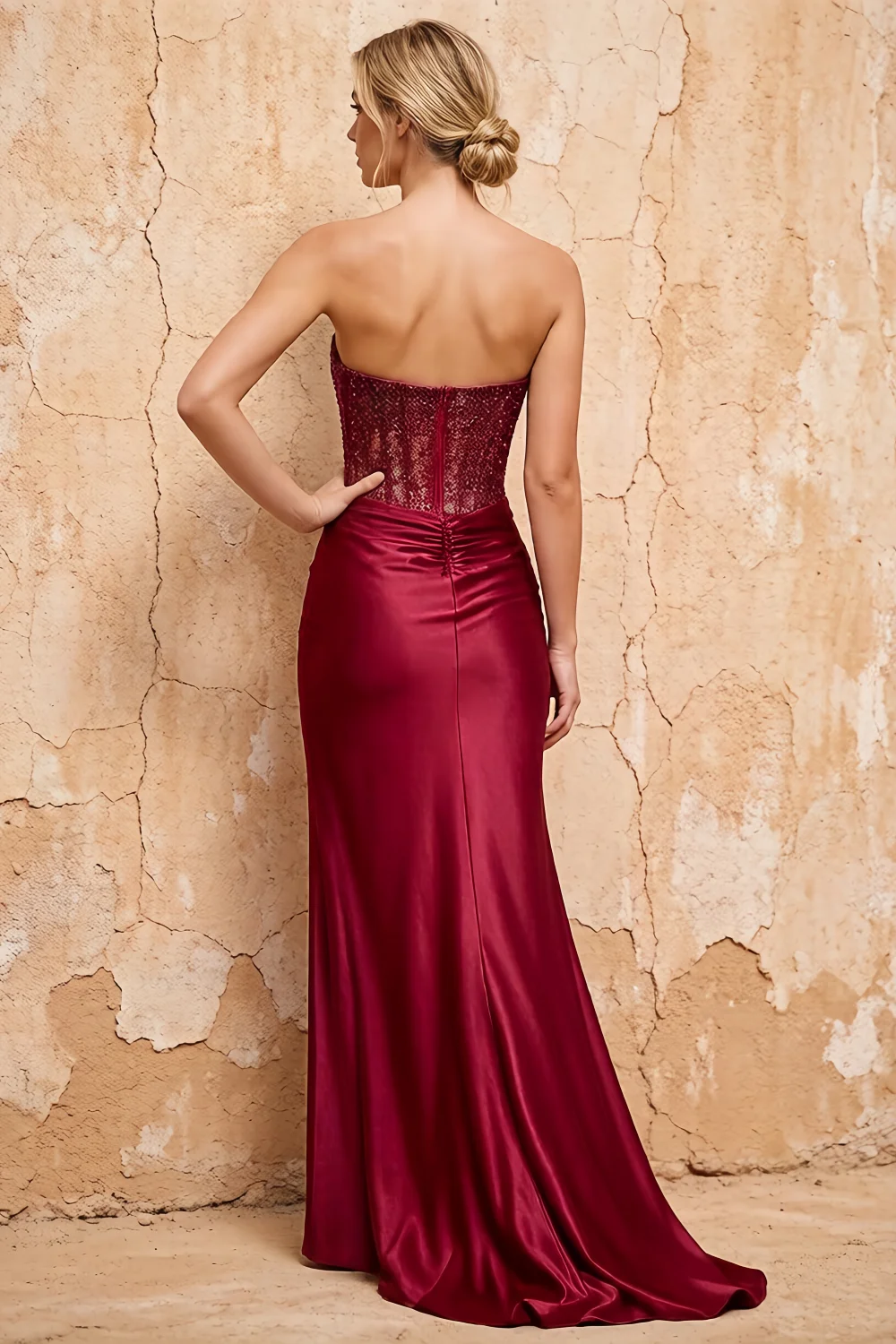 Lorna Burgundy Satin Asymmetrical Rhinestone Maxi Dress