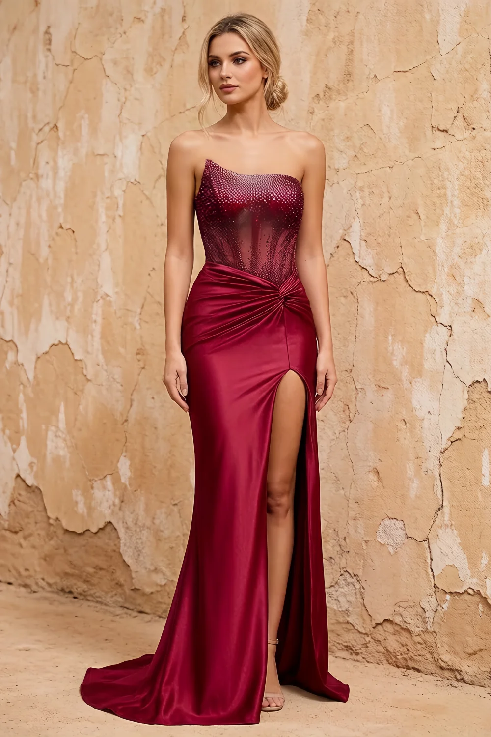 Lorna Burgundy Satin Asymmetrical Rhinestone Maxi Dress