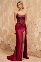 Lorna Burgundy Satin Asymmetrical Rhinestone Maxi Dress