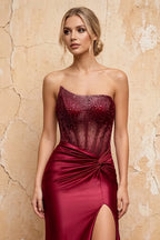 Lorna Burgundy Satin Asymmetrical Rhinestone Maxi Dress