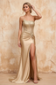 Lorna Champagne Satin Asymmetrical Rhinestone Maxi Dress