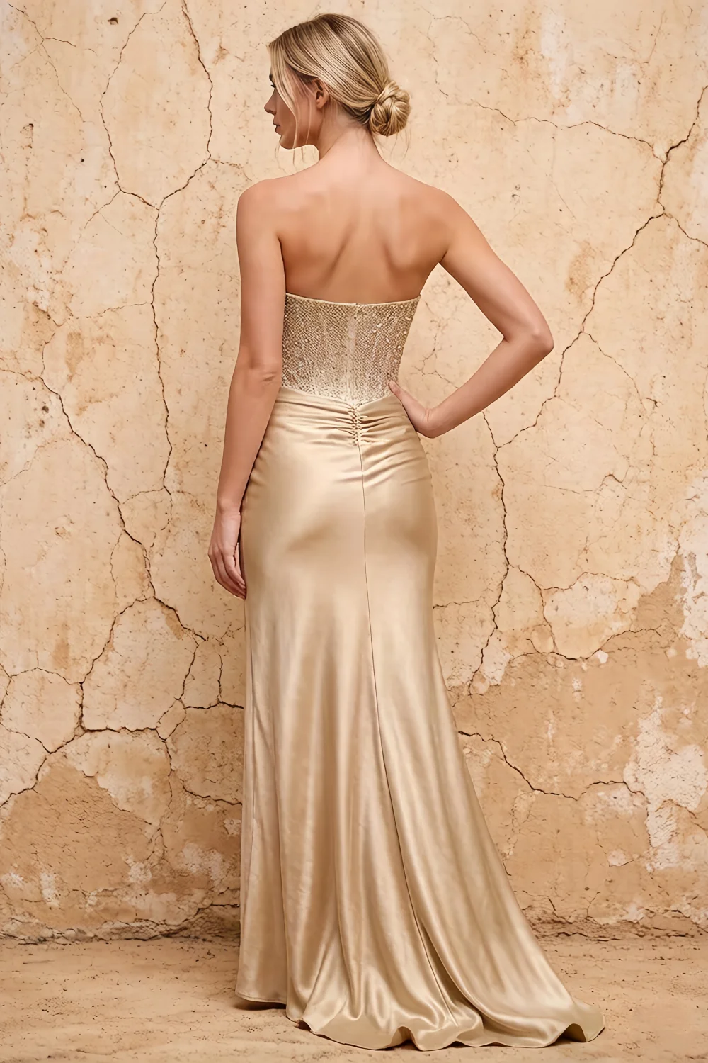 Lorna Champagne Satin Asymmetrical Rhinestone Maxi Dress