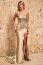 Lorna Champagne Satin Asymmetrical Rhinestone Maxi Dress