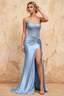 Lorna Dusty Blue Satin Asymmetrical Rhinestone Maxi Dress