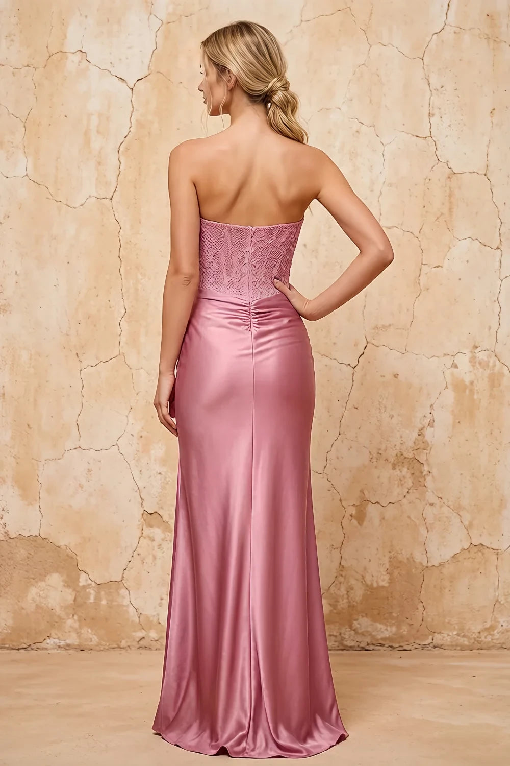 Translation missing: en.Lorna Dusty Pink satin asymmetrical rhinestone maxi dress with embellished bodice and high side slit - product photo 2 content.product_image_secondary