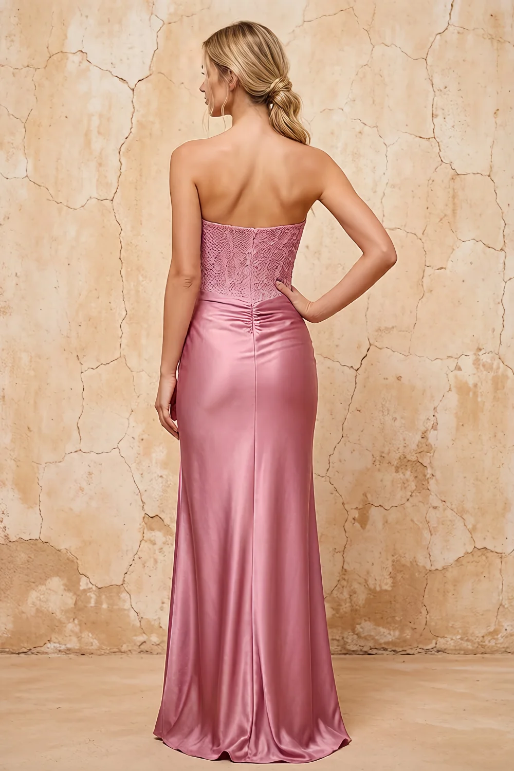 Lorna Dusty Pink Satin Asymmetrical Rhinestone Maxi Dress