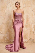 Lorna Dusty Pink Satin Asymmetrical Rhinestone Maxi Dress