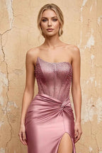 Lorna Dusty Pink Satin Asymmetrical Rhinestone Maxi Dress