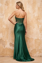 Lorna Emerald Green Satin Asymmetrical Rhinestone Maxi Dress