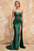 Lorna Emerald Green Satin Asymmetrical Rhinestone Maxi Dress