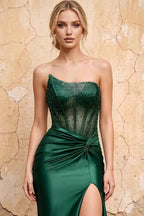 Lorna Emerald Green Satin Asymmetrical Rhinestone Maxi Dress