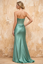 Lorna Green Satin Asymmetrical Rhinestone Maxi Dress