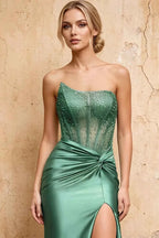 Lorna Green Satin Asymmetrical Rhinestone Maxi Dress