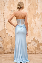 Lorna Light Blue Satin Asymmetrical Rhinestone Maxi Dress