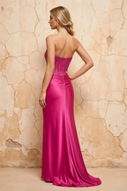 Lorna Magenta Satin Asymmetrical Rhinestone Maxi Dress