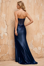 Lorna Navy Blue Satin Asymmetrical Rhinestone Maxi Dress