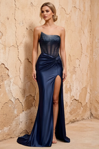 Lorna Navy Blue Satin Asymmetrical Rhinestone Maxi Dress