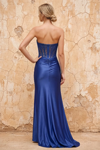 Lorna Royal Blue Satin Asymmetrical Rhinestone Maxi Dress
