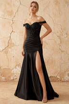 Louise Black Satin Mermaid Off The Shoulder Maxi Dress