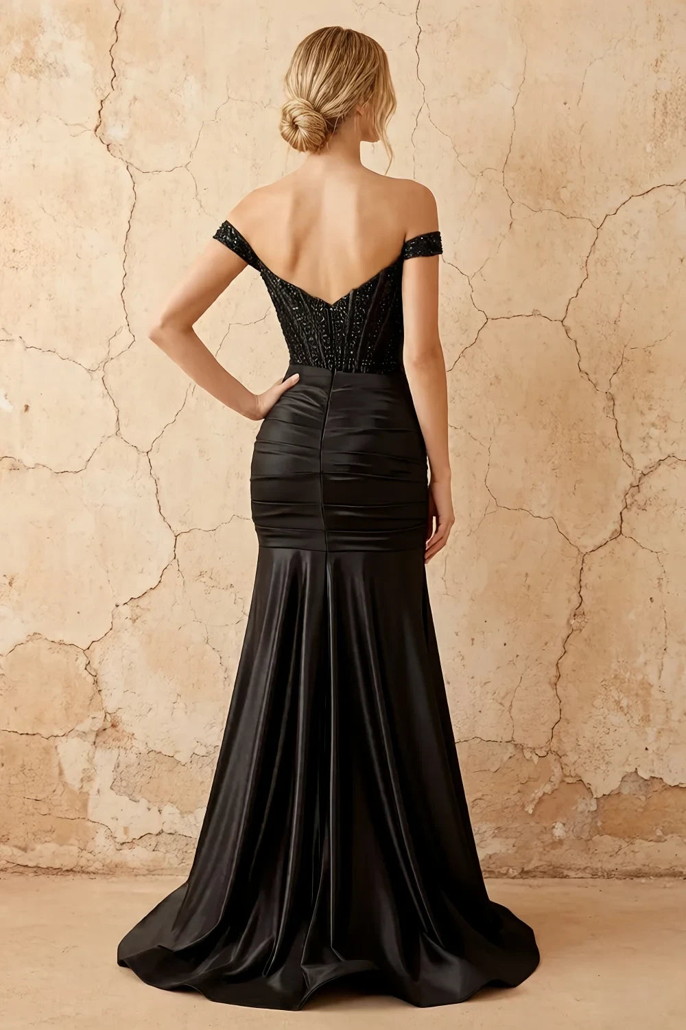 Translation missing: en.Louise Black satin mermaid off-the-shoulder maxi dress with embellished bodice and high side slit - product photo 2 content.product_image_secondary