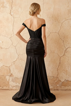 Louise Black Satin Mermaid Off The Shoulder Maxi Dress
