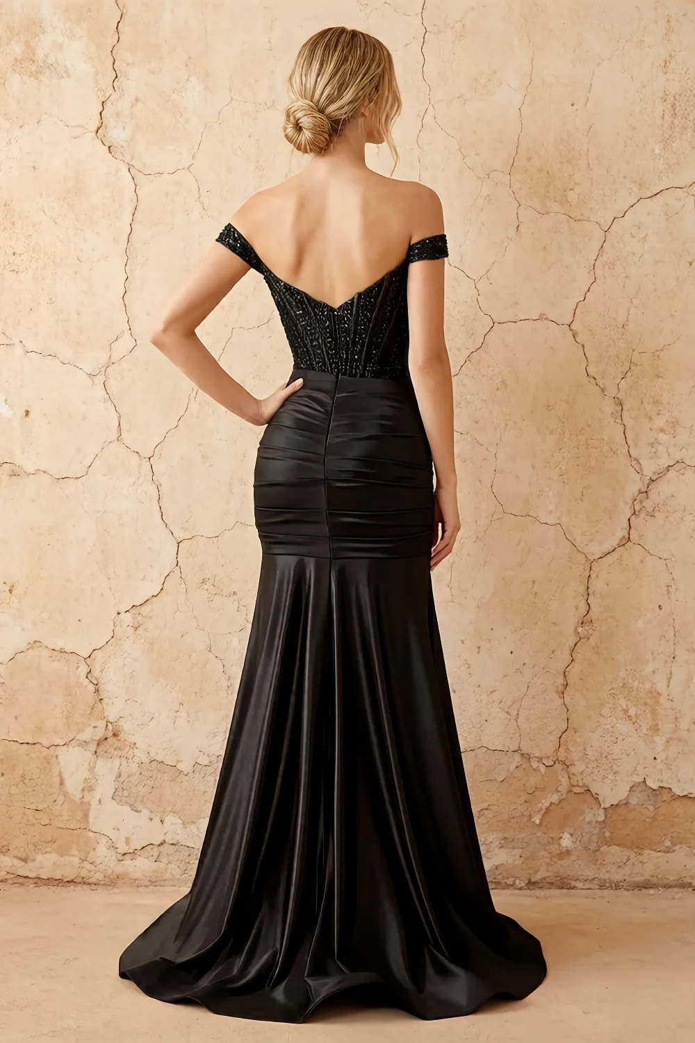 Louise Black Satin Mermaid Off The Shoulder Maxi Dress