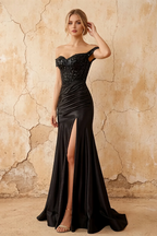 Louise Black Satin Mermaid Off The Shoulder Maxi Dress