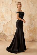 Louise Black Satin Mermaid Off The Shoulder Maxi Dress
