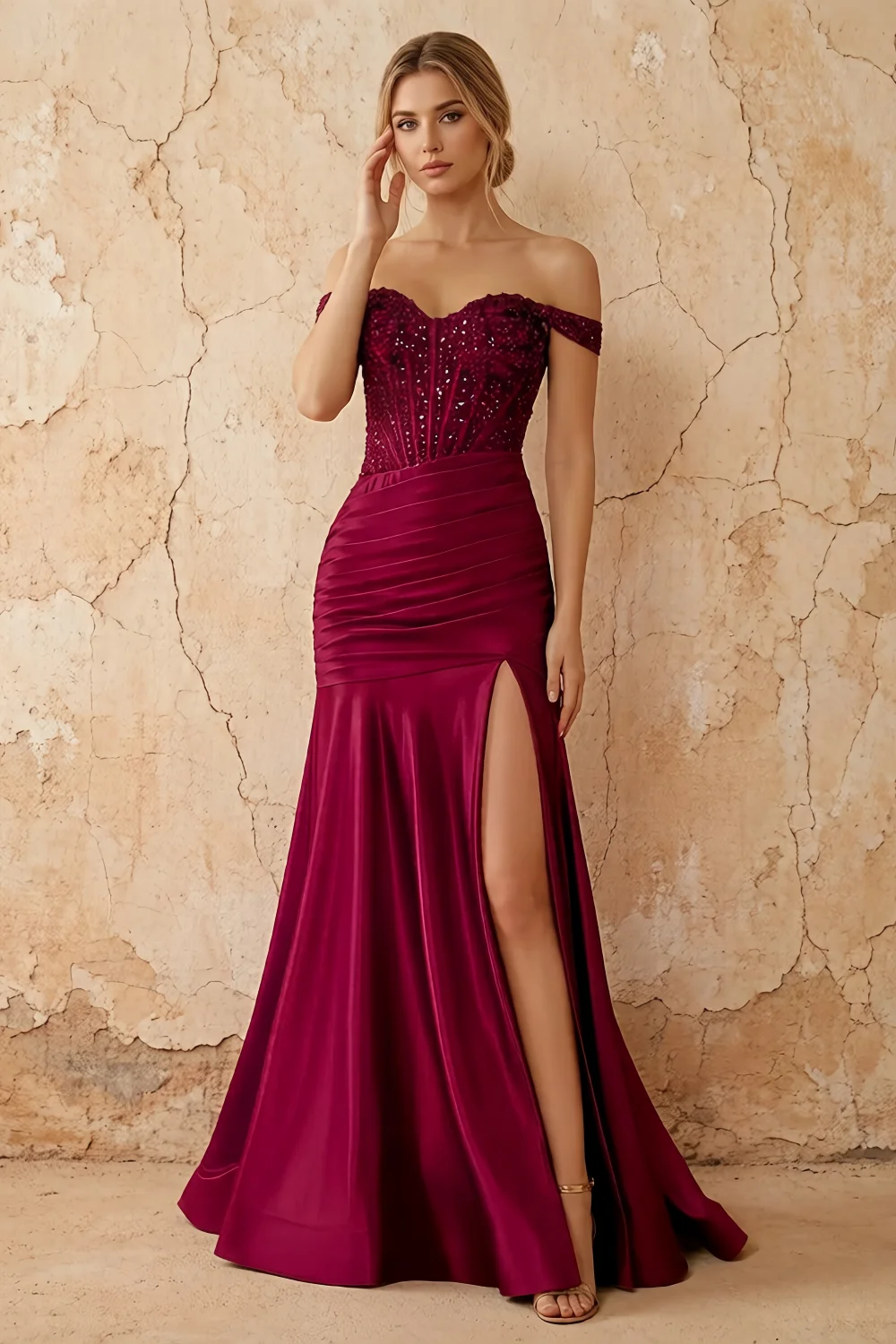 Louise Burgundy Satin Mermaid Off The Shoulder Maxi Dress