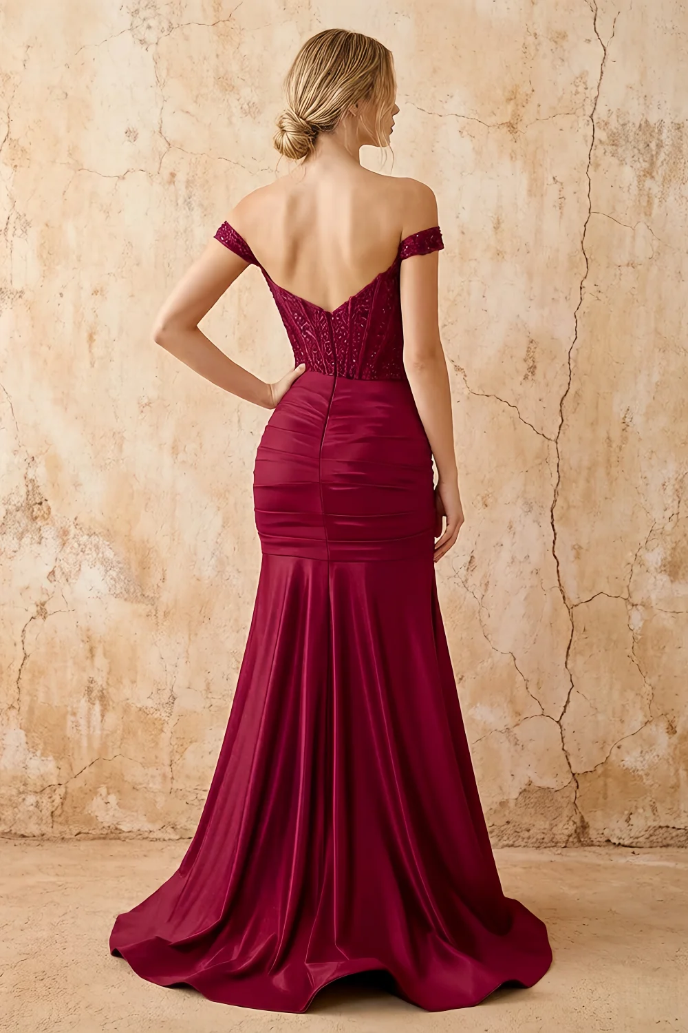 Louise Burgundy Satin Mermaid Off The Shoulder Maxi Dress