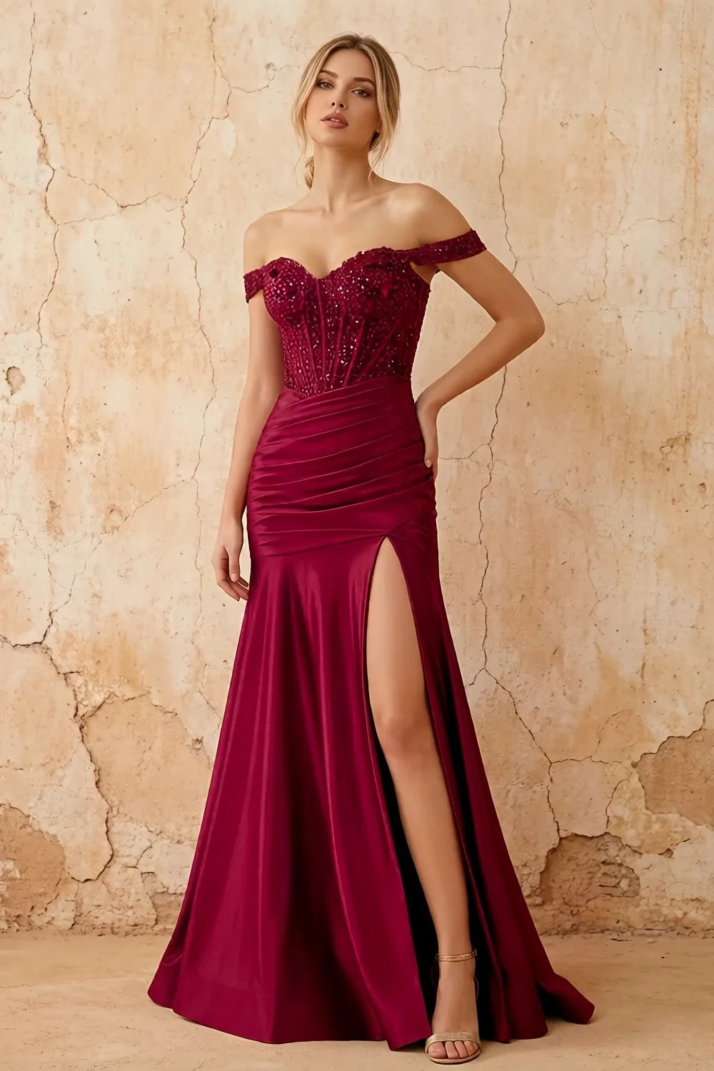 Louise Burgundy Satin Mermaid Off The Shoulder Maxi Dress