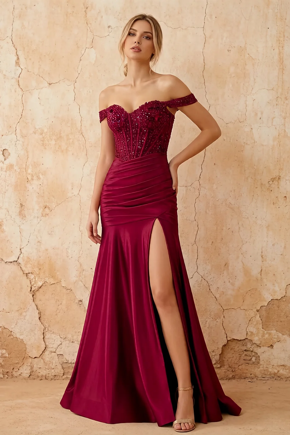 Louise Burgundy Satin Mermaid Off The Shoulder Maxi Dress