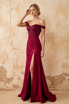 Louise Burgundy Satin Mermaid Off The Shoulder Maxi Dress