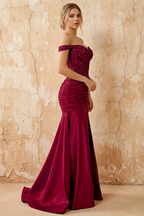 Louise Burgundy Satin Mermaid Off The Shoulder Maxi Dress