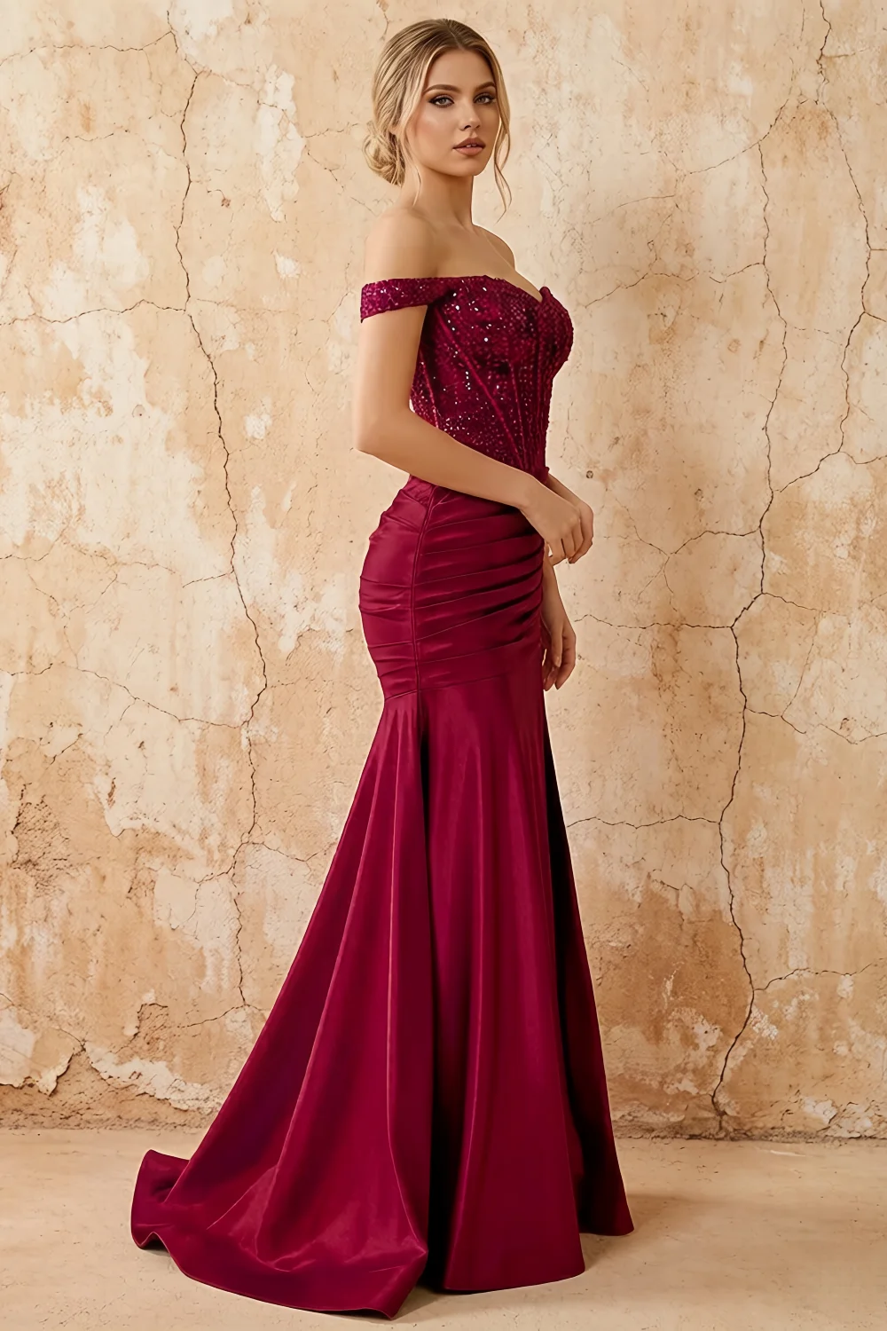 Louise Burgundy Satin Mermaid Off The Shoulder Maxi Dress