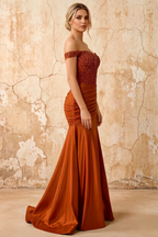Louise Burnt Orange Satin Mermaid Off The Shoulder Maxi Dress