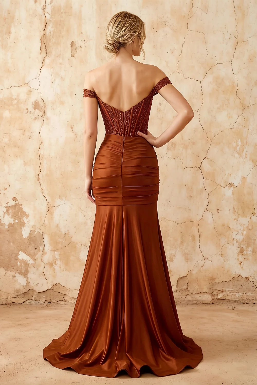 Louise Burnt Orange Satin Mermaid Off The Shoulder Maxi Dress